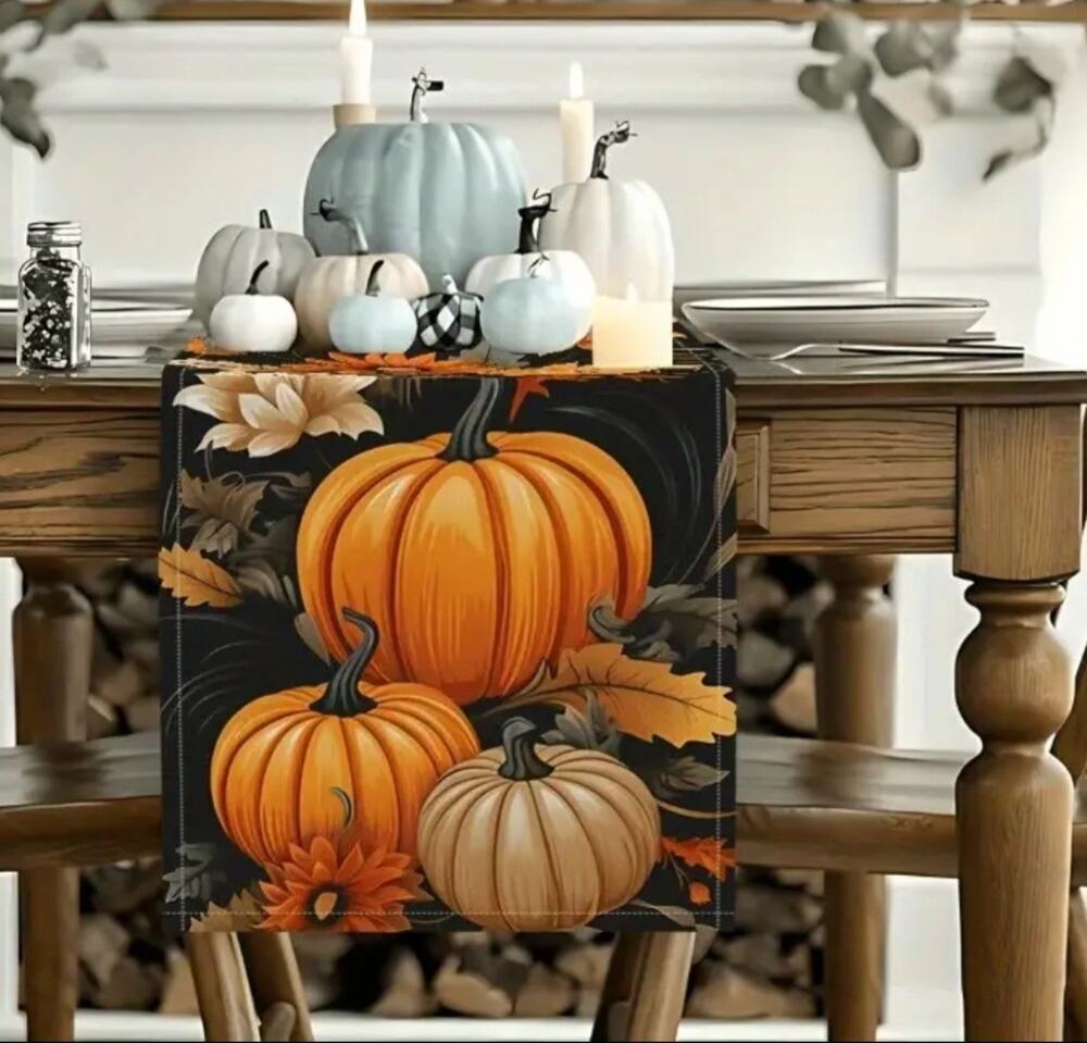 Autumn Table Runner 13"×48" Thanksgiving Fall Pumpkins Mums Traditional Floral